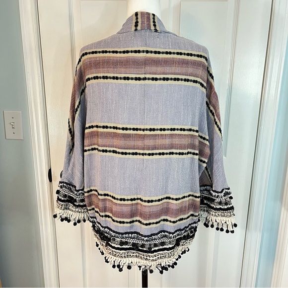 Zara Woman Kimono Poncho Oversized Coverup Stripe Pom Pom Fringe M Boho Swim - Picture 3 of 11